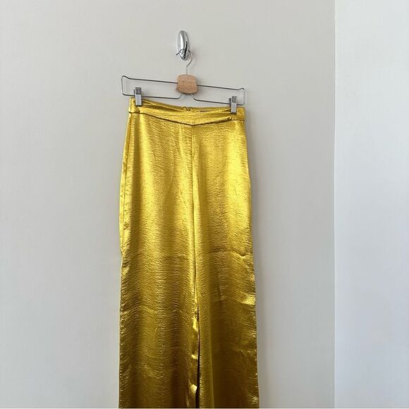 Hanifa-Golden Yellow Satin High Rise Wide Leg Long Trousers (Size:XS) - Picture 6 of 12